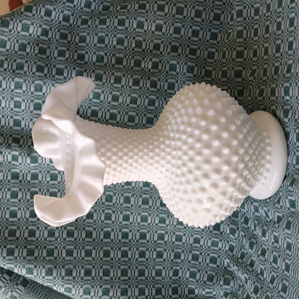 Large Vintage Milk Glass Ruffled Hobnail Vase